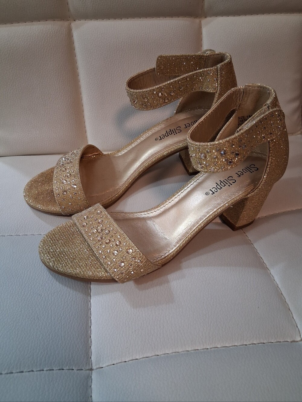 Silver Slipper Girls Gold Glitter Ankle-Strap Dress Heels Party Wedding Pagent 1